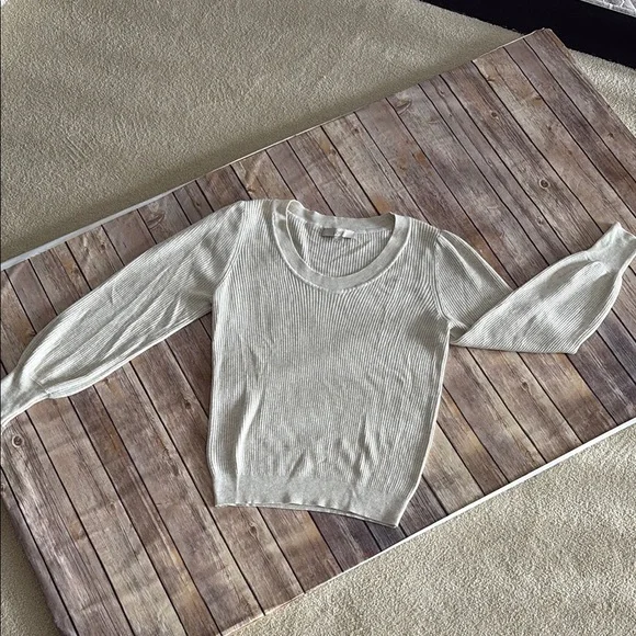 LOFT Ribbed Cream Scoop Neck Sweater with Cuffs - Picture 2 of 4
